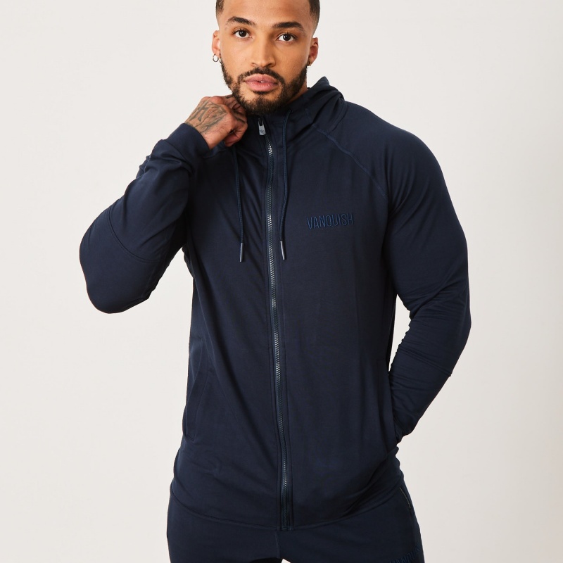 Vanquish Fitness Eclipse V2 Navy Blue Full Zip Front Hoodie Marinblå Blå | 9305-HPLDT