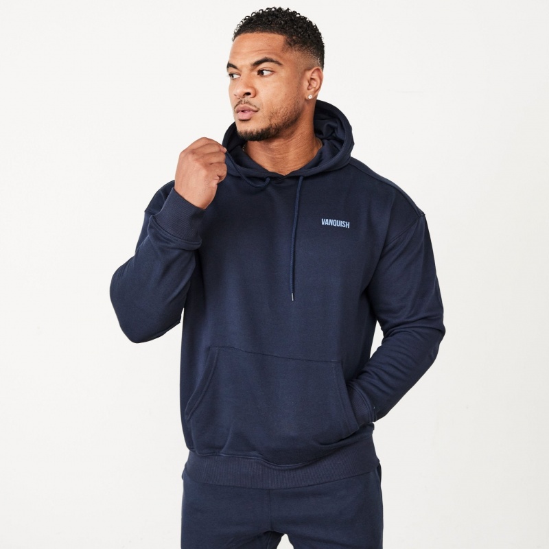 Vanquish Fitness Essential Navy Blue Oversized Pullover Hoodie Marinblå Blå | 4560-MXKOW