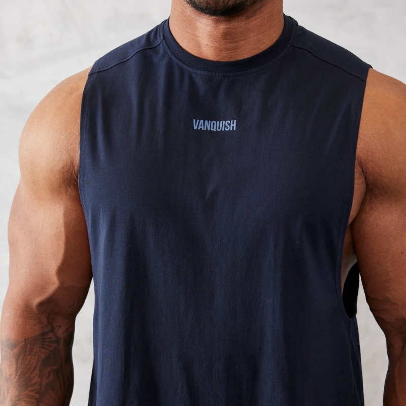 Vanquish Fitness Essential Navy Blue Oversized Ärmlös T Shirt Marinblå Blå | 8652-PHECY