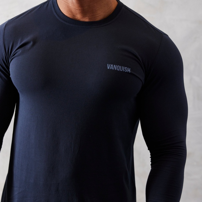 Vanquish Fitness Essential Navy Blue Slim Fit Long Sleeve T Shirt Marinblå Blå | 7236-GXZMF