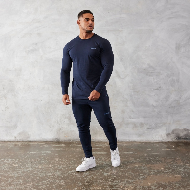 Vanquish Fitness Essential Navy Blue Slim Fit Long Sleeve T Shirt Marinblå Blå | 7236-GXZMF