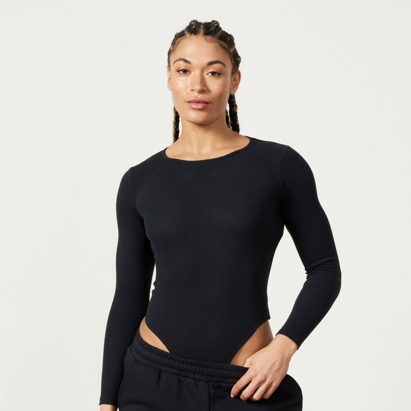 Vanquish Fitness Restore Black Long Sleeve Räfflad Bodysuit Svarta | 6287-ICTPN