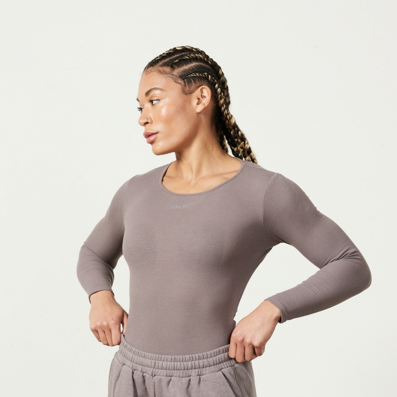 Vanquish Fitness Restore Cinder Brown Long Sleeve Räfflad Bodysuit Bruna | 0643-ZESAG