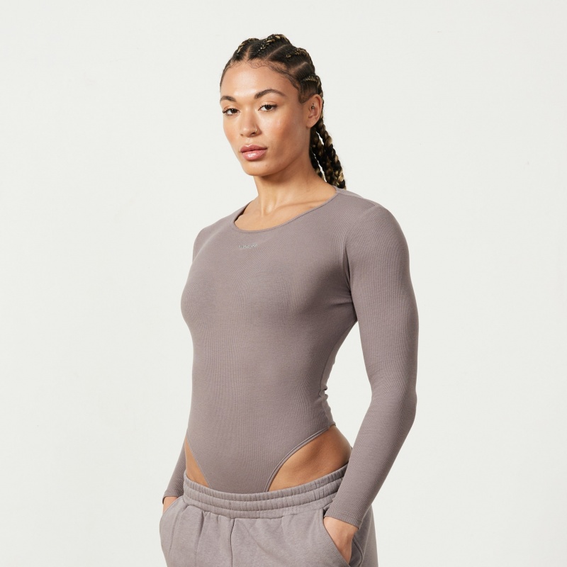 Vanquish Fitness Restore Cinder Brown Long Sleeve Räfflad Bodysuit Bruna | 0643-ZESAG