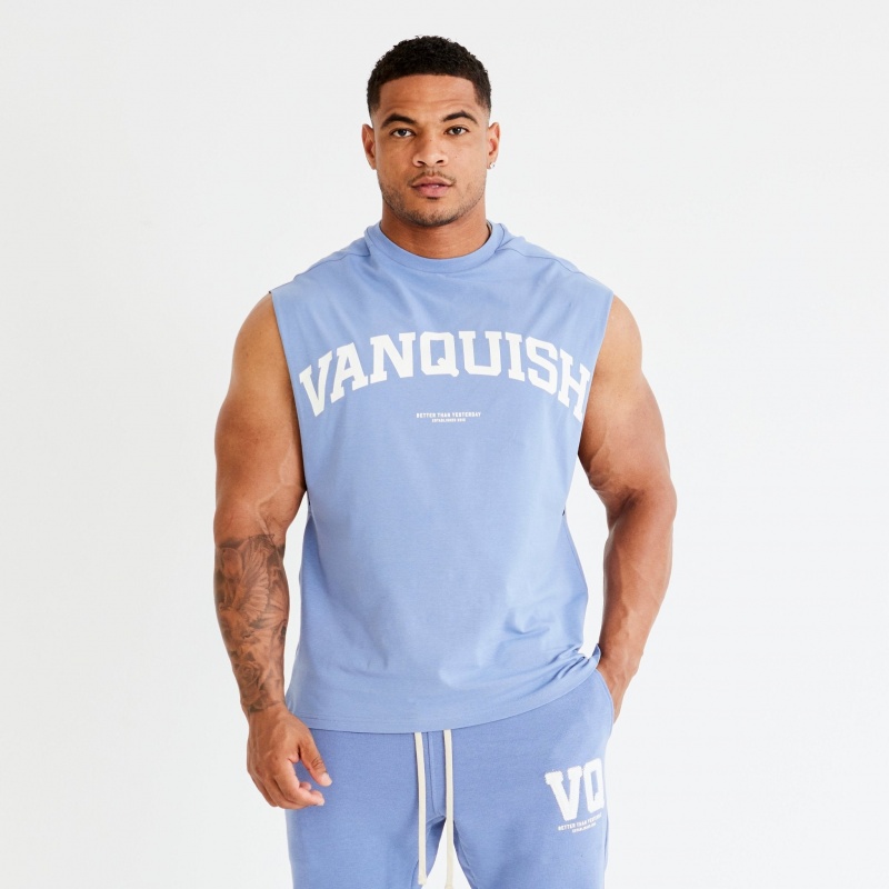 Vanquish Fitness Washed Blue Varsity Oversized Ärmlös T Shirt Blå | 4159-MWFEA